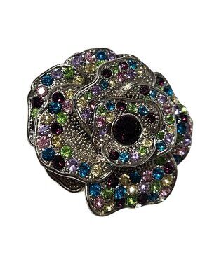 Vintage Rhinestone Flower Brooch Pendant Silver Tone Elegant Retro Multicolor